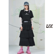 黑色字母印花短袖t恤女ux秋季中长款宽松设计感时尚上衣