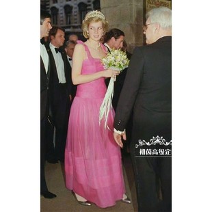 高级定制戴安娜王妃同款玫粉色欧根纱吊带礼服裙低腰抹胸大摆裙新