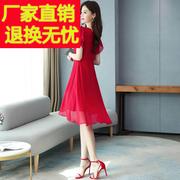 品牌雪纺连衣裙2024女士前短后长红色裙子夏季不规则气质长裙