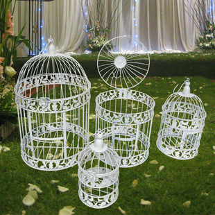 欧式铁艺装饰鸟笼橱窗摆件，白色摄影道具，大型号酒店婚庆鸟笼