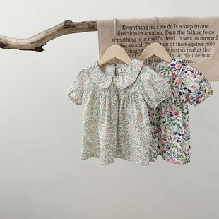 女童碎花衬衫衬衣宝宝纯色婴儿娃娃领夏款短袖T恤洋气百搭上衣