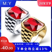 个性潮流戒指镶嵌红色，宝石潮流饰品钛钢戒指指环