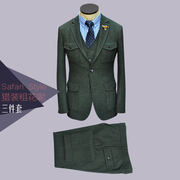 zbto军绿人字纹英式复古羊毛，粗花呢tweed修身猎装男西装三件套装