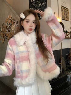 毛毛拼接粉色格纹小香风毛呢外套，女冬季加厚夹棉气质短款保暖棉服