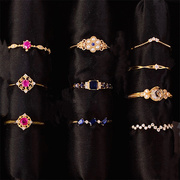 日本珠宝设计18k金钻石(金钻石，)细戒指，轻奢珠宝叠戴戒指红宝石蓝宝石
