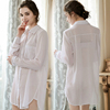 韩版白衬衫女中长款性感睡衣长袖，宽松透视大码雪纺，衬衣打底防晒衫