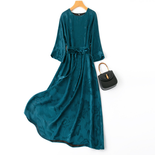 气质优雅蓝绿色!双面，穿皮子45姆米重磅真丝，香云纱袍子腰封连衣裙