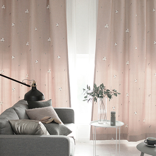 简约现代粉色绣花遮光定制窗帘布 卧室网红窗帘成品灰色ins北欧风