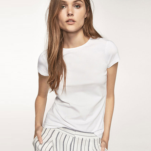 高端西班牙简约女短袖，纯白色t恤修身圆领，内搭显瘦纯棉打底衫