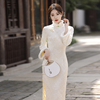 白色改良蕾丝旗袍加绒加厚长袖2024年冬季复古风气质高级感连衣裙