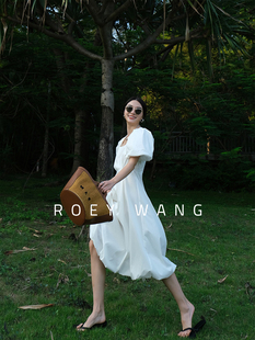 ROEY WANG本期重磅 双层蓬蓬裙纯棉法式复古方领白色泡泡袖连衣