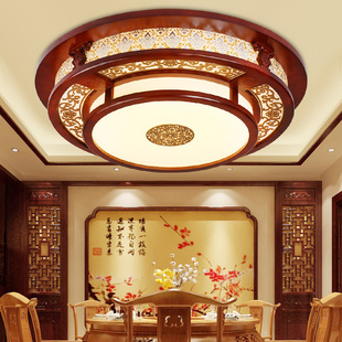 中式吸顶灯圆形仿古客厅卧室，led灯具复古木艺，仿羊皮餐厅灯中国风