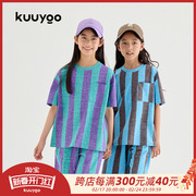 KUUYOO做旧条纹儿童短袖T恤夏季男女童童打底衫女孩上衣夏中大童