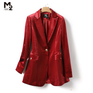 品牌断码M2女装中年妈妈气质长款外套修身红色丝绒西装