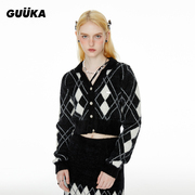 GUUKA黑白菱形格短款开衫毛衣女秋冬 仿貂绒高级感时尚针织外套潮