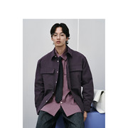 GXG 春紫色暗格纹舒适宽松时尚翻领外套式长袖衬衫男GFD10300161