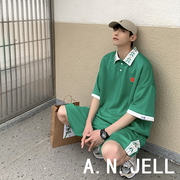 韩国版男装东大门22夏白绿色卫，衣料立体刺绣短袖polo运动短裤套装