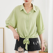 牛油果绿衬衫女夏季韩版休闲短袖上衣大码胖mm宽松洋气灯笼袖衬衫