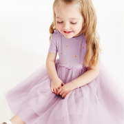 粉紫色女童纯棉针织拼接网纱短袖连衣裙中小童夏季洋气公主裙