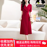 杭州大牌真丝连衣裙女装，夏季v领气质高腰短袖，纯色桑蚕丝裙子