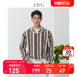 JDV男装商场同款2023春夏方领多色条纹宽松百搭长袖休闲衬衫
