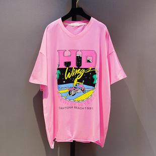 夏装韩版宽松v领印花短袖，t恤女中长款蝙蝠衫，圆领卡通粉色上衣