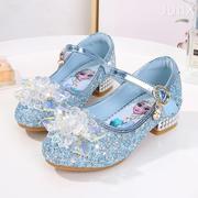 爱莎公主鞋2023小女孩，水晶鞋女宝宝，魔术贴鞋子蓝色儿童高跟鞋
