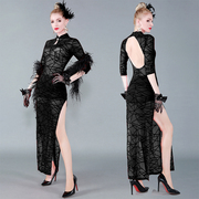 长款高开叉七分袖弹力修身表演形体舞黑色蕾丝透视性感旗袍式拉丁