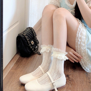 日系甜美奶白色小腿袜女春夏季薄款蕾丝花边袜子lolita白色中筒袜