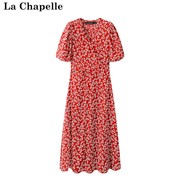 拉夏贝尔lachapelle红色雪纺，连衣裙碎花度假风，法式v领裙子女夏