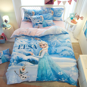 迪士尼公主纯棉四件套女孩，卡通床单儿童，三件套冰雪奇缘床上用品蓝