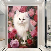 DIY方钻满钻钻石画钻石绣粉色牡丹花丛中的白色猫咪粘贴钻十字绣