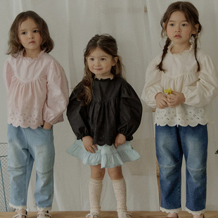 韩国女童纯棉长袖衬衫2024春款女孩上衣儿童淑女，蕾丝娃娃衫打底衫