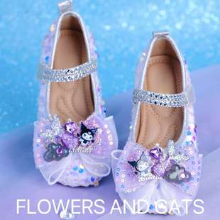公主鞋女童皮鞋儿童库洛米爱心钻凉鞋包头蝴蝶结鱼尾紫色夏鞋子装