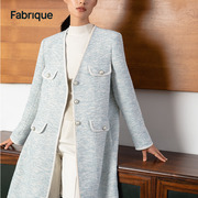 Fabrique 浅蓝色V领珍珠装饰花呢长款外套女士高级感秋冬大衣