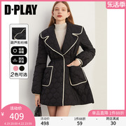 dplay冬装新少女(新少女)风大翻领绗棉撞色显瘦收腰黑色棉服外套女