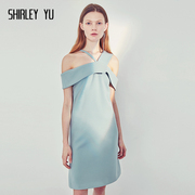 SHIRLEY YU夏原创设计连衣裙吊带蓝一字肩聚会洋装小礼服