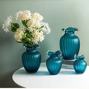 仟雨集欧式简约风情，蓝色条纹琉璃花瓶波浪，单只大号花瓶摆放