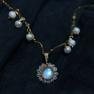 天然水晶饰品高品质蓝月光石大灯泡手工编织吊坠纯银镀金珍珠项链