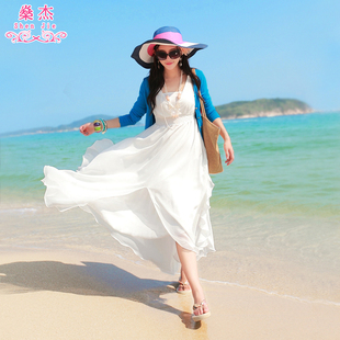 沙滩裙2023海边度假雪纺夏季泰国女装，白色波西米亚长裙连衣裙
