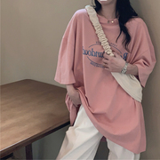短袖粉色t恤女2024春夏季网红设计感小众，上衣ins韩版宽松打底衫潮