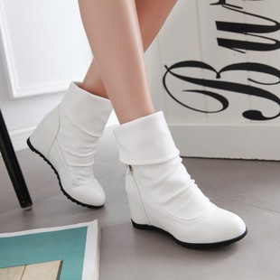 韩版单靴子女鞋春秋冬季短靴中靴内增高中，跟40马丁靴41大码43白色