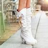 褶皱显瘦骑士靴白色中筒靴粗高跟防水台韩版时尚舞靴单靴秋冬
