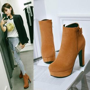 韩版超高跟女靴子绒面圆头粗跟短靴皮带扣防水台裸靴黄黑靴子2017