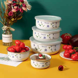搪瓷植物花卉带饭碗加厚密封碗盒套装五件套保鲜碗汤碗带盖