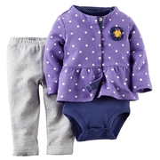 外贸童装女宝宝外套婴儿套装，纯棉紫色圆点外出服装三件套亏清!