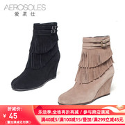 Aerosoles/爱柔仕靴子牛皮坡跟圆头流苏短靴女拉链1915605048