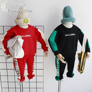韩国儿童装2021秋冬男童刺绣字母抓绒运动套装拼色卫衣两件套