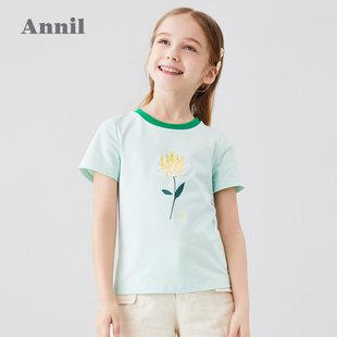 安奈儿童装女童短袖T恤针织衫2024夏季圆领半袖立体花朵洋气吸汗