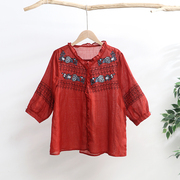 云言夏季红色七分袖苎麻衬衫女上衣重工刺绣花亚麻民族风文艺